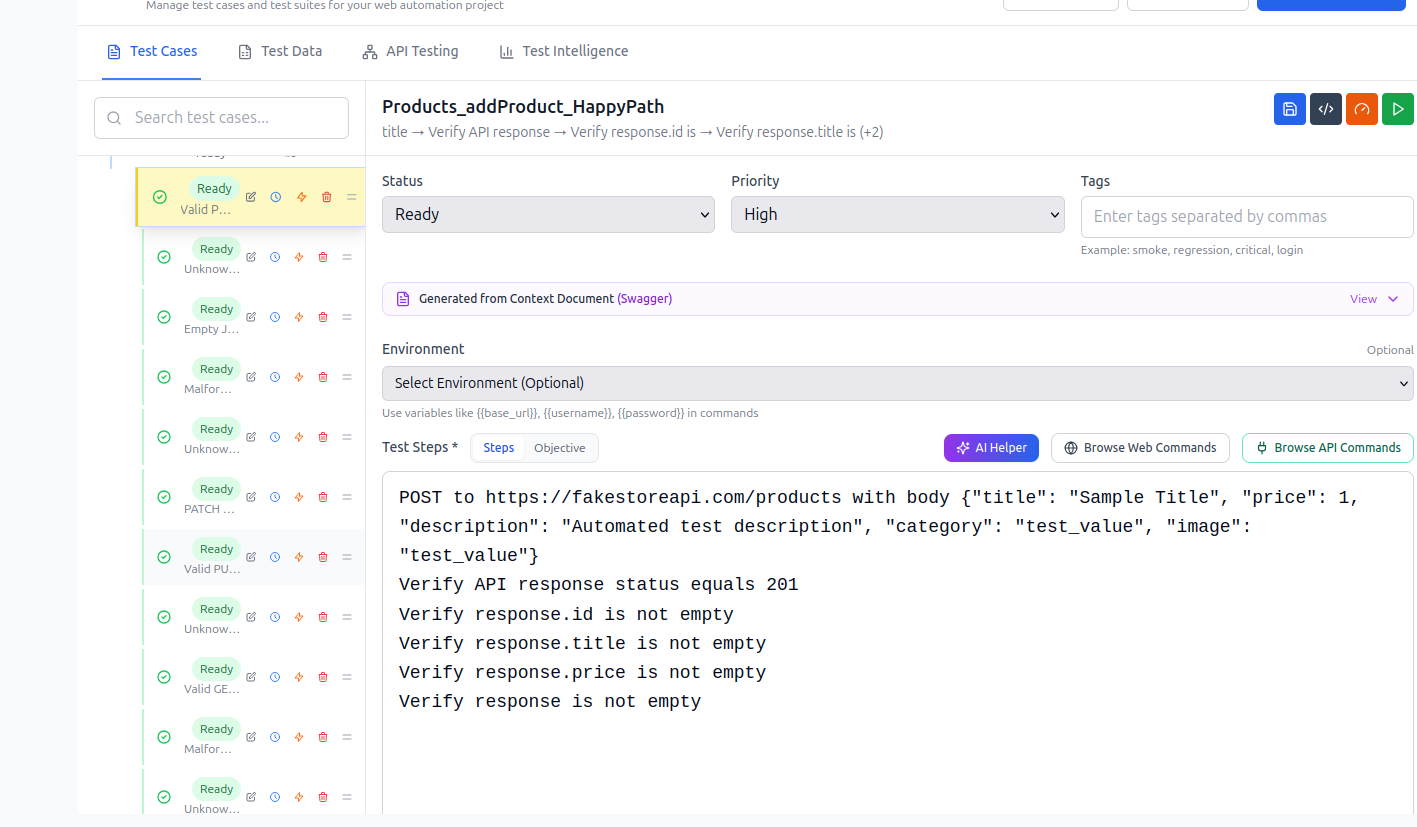 TestNeo API test case editor with plain-English steps generated from Swagger