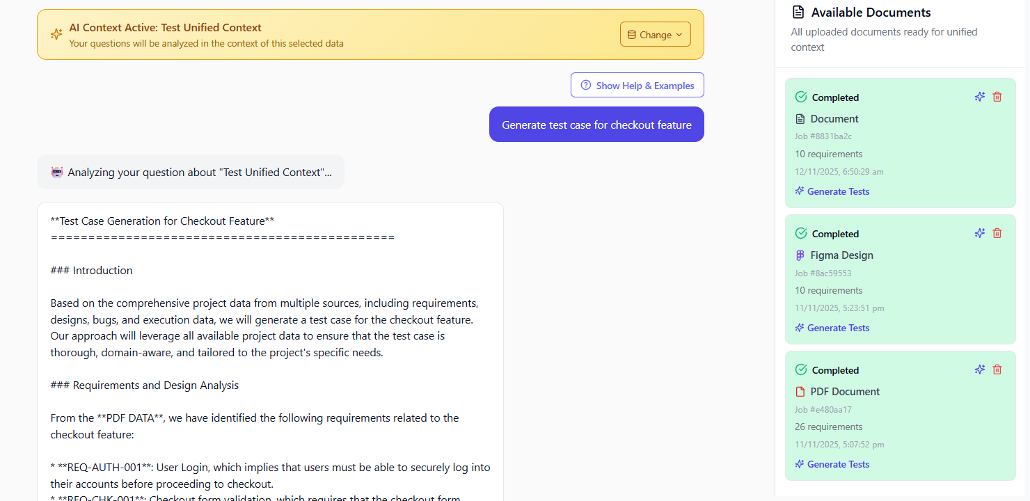 TestNeo AI Assistant generating test cases from unified context documents
